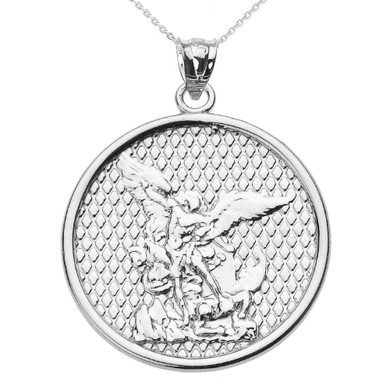 .925 Sterling Silver Patron Saint Michael Archangel Textured Medallion Pendant Necklace