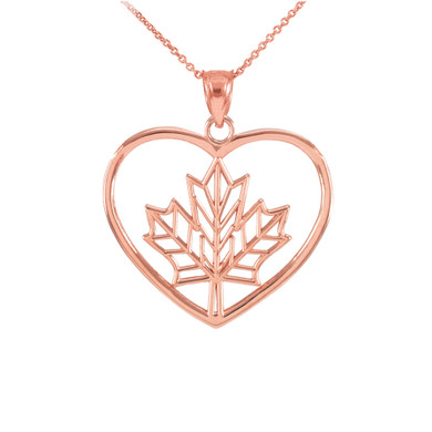 Gold Canadian Maple Leaf Heart Love Pendant Necklace(Available In Yellow/Rose/White Gold)
