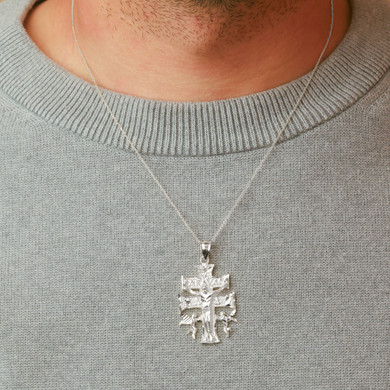 Silver Double Cross Necklace - Caravaca Crucifix Jesus Pendant on male model