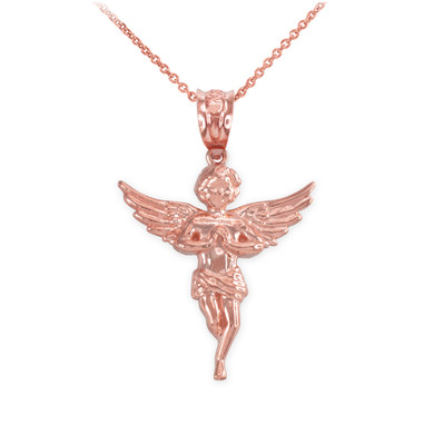 Solid Gold Textured Praying Angel Pendant Necklace (Available in Yellow/Rose/White Gold)