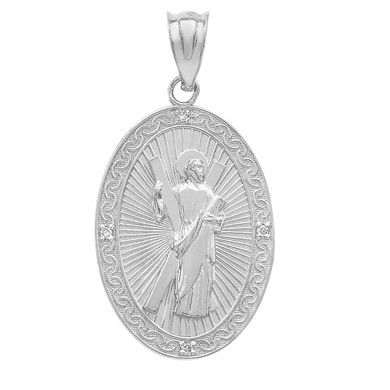 Sterling Silver St. Andrew Oval Medallion CZ Stone Engravable Pendant Necklace (Medium)