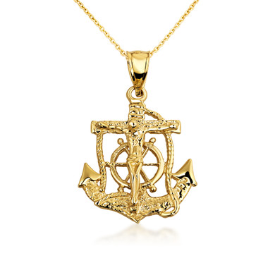 Gold Mariners Anchor Crucifix Pendant Necklace (Available In Yellow/Rose/White Gold)