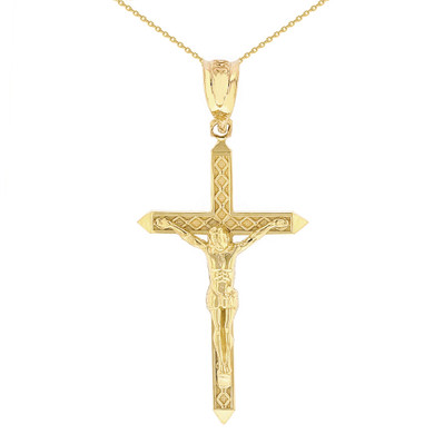 Solid Gold Passion Cross Crucifix Pendant Necklace 1.40" (35 mm)(Available In Yellow/Rose/White/Two Tone Gold)