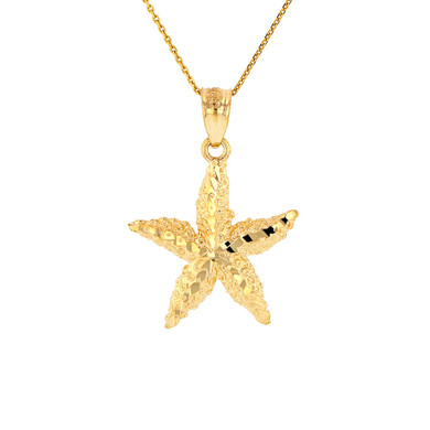 Solid Gold Diamond Cut Starfish Sea Star Pendant Necklace (Available in Yellow/Rose/White Gold)