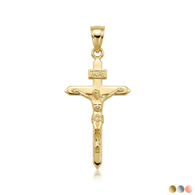 Solid Gold Catholic INRI Jesus Of Nazareth Crucifix Pendant Necklace 1.18" (Available In Yellow/Rose/White /Two Tone Gold)