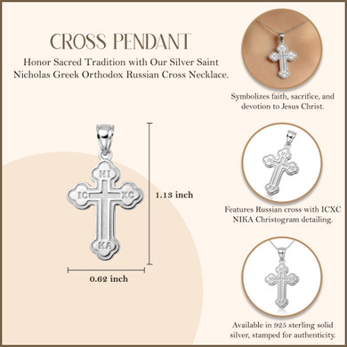 .925 Sterling Silver Saint Nicholas Greek Orthodox Russian Cross Pendant Necklace