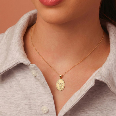 Solid Gold Diamond Archangel Saint Michael Oval Medallion Small Pendant Necklace (Available in Yellow/Rose/White Gold)