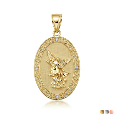Solid Gold Diamond Archangel Saint Michael Oval Medallion Small Pendant Necklace (Available in Yellow/Rose/White Gold)