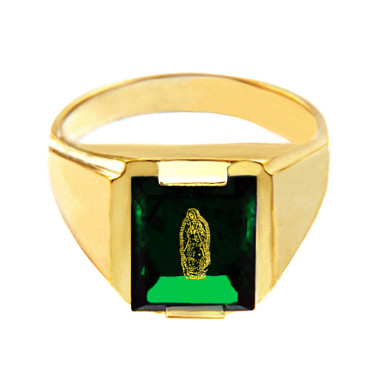Solid Yellow Gold Green CZ Stone Our Lady of Guadalupe Signet Men's Ring