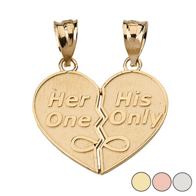 Solid Gold Her One His Only Break Apart Heart 2 - Piece Pendant Necklace(Available in Yellow/Rose/White Gold)