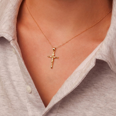 Gold Dainty Crucifix Cross (INRI) Pendant Necklace (Available in Yellow/Rose/White Gold
