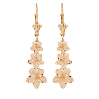 Yellow Gold Hawaiian Plumeria Flower Drop Earrings