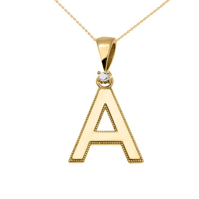 Milgrain "A" Initial Pendant Necklace in Yellow Gold