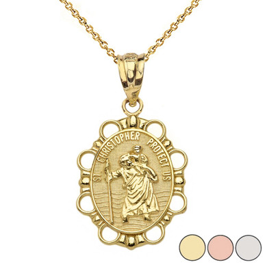 Saint Christopher Pendant Necklace in Solid Gold (Available in Two-Tone/Yellow/Rose/White Gold)