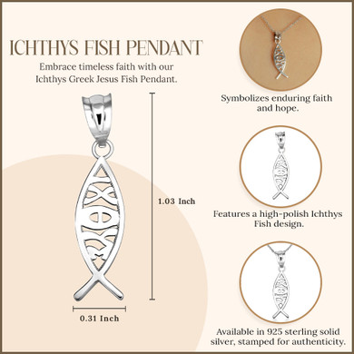 Sterling Silver ichthus (ichthys) Greek Jesus Fish Pendant Necklace