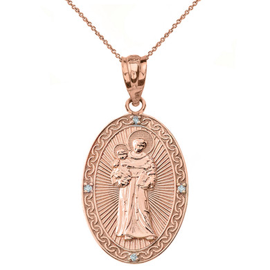Solid Gold Engravable Diamond Saint Anthony Pray For Us Oval Pendant Necklace 1.20"(Available in Yellow/Rose/White Gold)