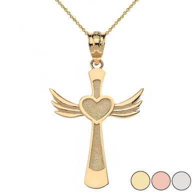 Solid Gold Winged Heart Cross Pendant Necklace(Available in Yellow/Rose/White Gold)