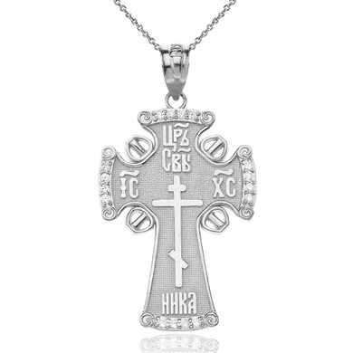 Sterling Silver CZ ICXC NIKA Eastern Orthodox Cross Pendant Necklace