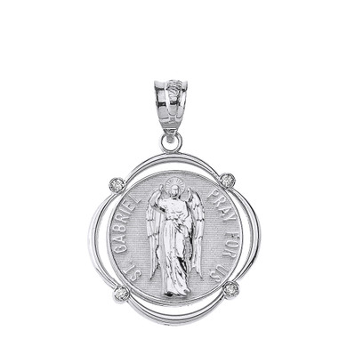 Sterling Silver Saint Gabriel Pray For Us CZ Circular Frame Pendant Necklace