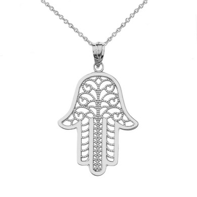 .925 Sterling Silver Filigree Hamsa Hand Pendant Necklace