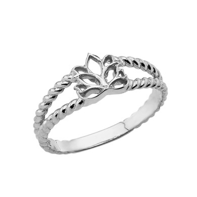 White Gold Lotus Flower Bloom Rope Band Ring