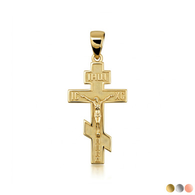 Gold Jesus Crucifix Russian Orthodox Cross Pendant Necklace (Available in Yellow/Rose/White Gold)