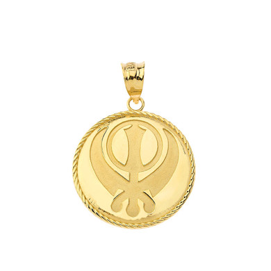 Yellow Gold Sikh Khanda Punjabi Sword Rope Medallion Pendant