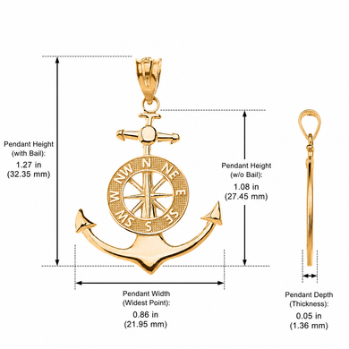Solid Gold Mariner's Anchor Compass Charm Pendant Necklace (Available in Yellow/Rose/White Gold)