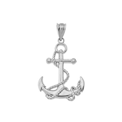 Sterling Silver Cubic Zirconia Nautical Rope Anchor Pendant Necklace