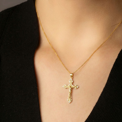 Gold Diamond Cut Crucifix Cross Jesus Christ Pendant Necklace (Available in Yellow/Rose/White Gold)