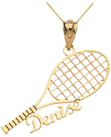 Yellow Gold Personalized Name Tennis Racket Sports Pendant Necklace