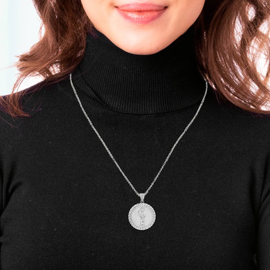 Silver Cuban Framed Santa Muerte Pendant Necklace On Model