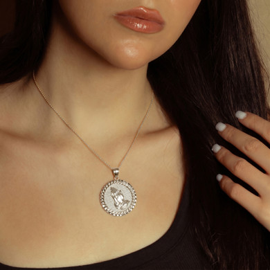 .925 Sterling Silver Cuban Framed Praying Hands Medallion Circle Pendant Necklace