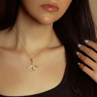 Gold Airplane Travel Charm Pendant Necklace (Available in Yellow/Rose/White Gold)