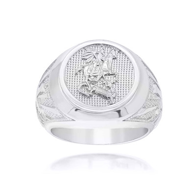 .925 Sterling Silver Beaded Patron Saint George Dragon Cross Signet Ring