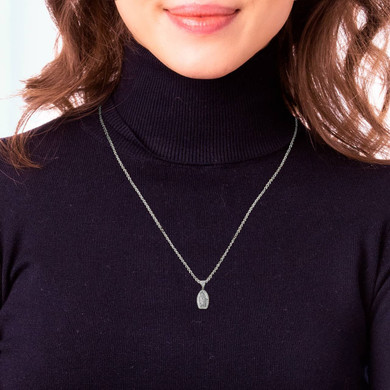 Silver CZ Lady of Guadalupe Small Pendant Necklace on a Model