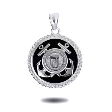 .925 Sterling Silver Black Onyx Anchor United States Coast Guard Seal Rope Medallion Pendant