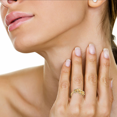Yellow Gold Diamond Olive Leaf Vine Ring on female model