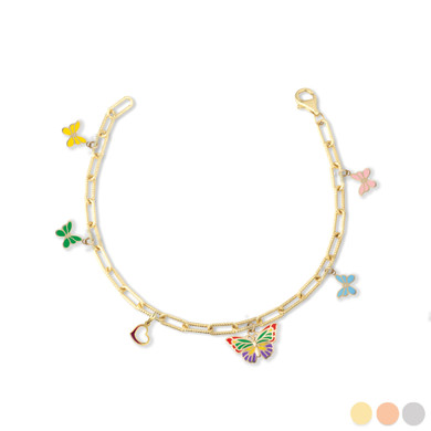 Gold Enamel Butterfly Heart Charm Paperclip Chain Link Bracelet