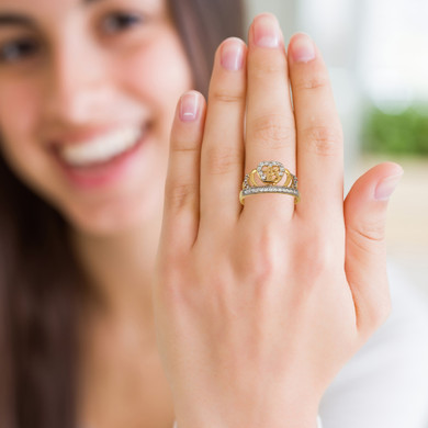 Two-Tone Yellow/White Gold Cubic Zirconia Heart Crown 15 Años Quinceañera Milgrain Ring on female model