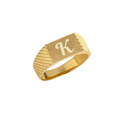Gold Rectangle Striped Engravable Signet Ring (Available in Yellow/Rose/White Gold)