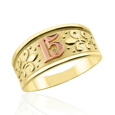 Two-Tone Gold 15 Años Fleur-de-lis Quinceañera Textured Band Ring