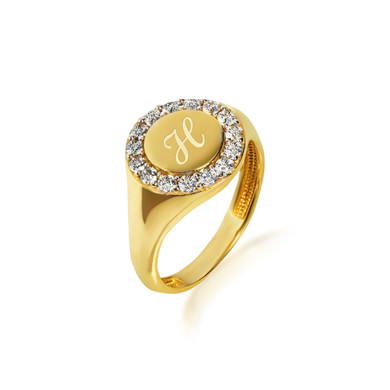 Gold Engravable Cubic Zirconia Halo Signet Ring (Available in Yellow/Rose/White Gold)