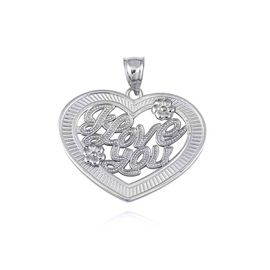 .925 Sterling Silver Heart "I Love You" Flower Textured Pendant