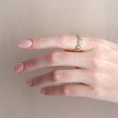 Yellow Gold Diamond Studded Daisy Flower Petal Band Ring on female model