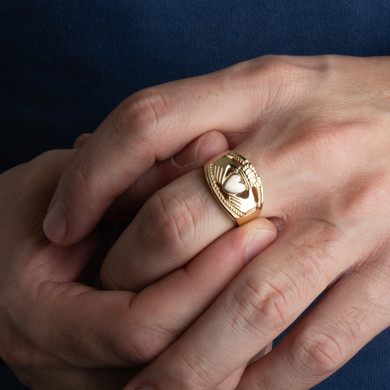 Gold Bold Claddagh Men's Ring on male model