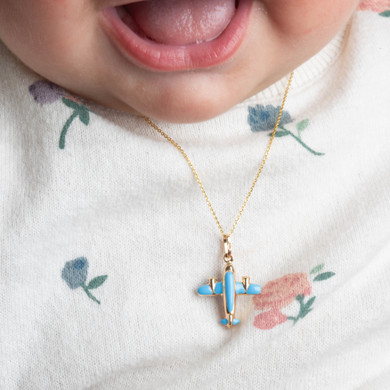  Yellow Gold Enamel Airplane Travel Baby Pendant Necklace on baby model