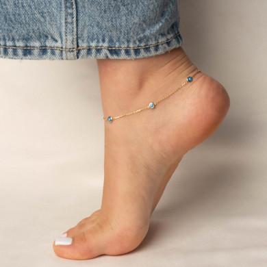 Yellow Gold Evil Eye Enamel Protection Anklet on female model