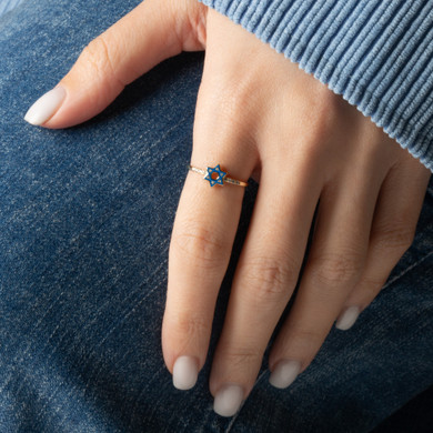 Gold Blue Enamel Jewish Star of David Lab Grown Diamond Ring on female model