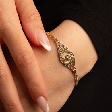 14K Tri-Color Gold 6.5" Virgen de Guadalupe Cuban Link Bracelet with Cubic Zirconia on female model
